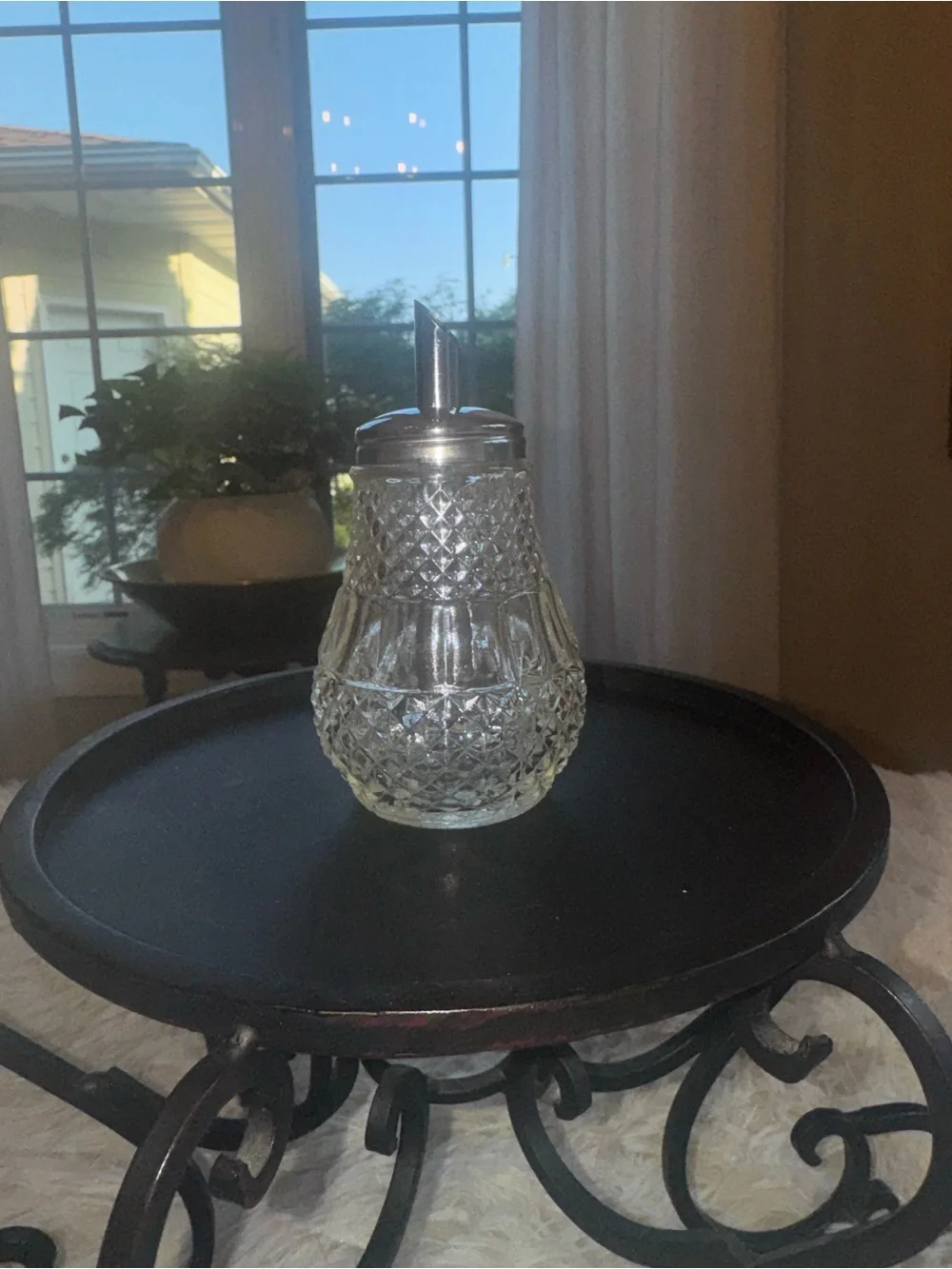 Diamond Cut Glass Sugar Pourer with Silver Lid